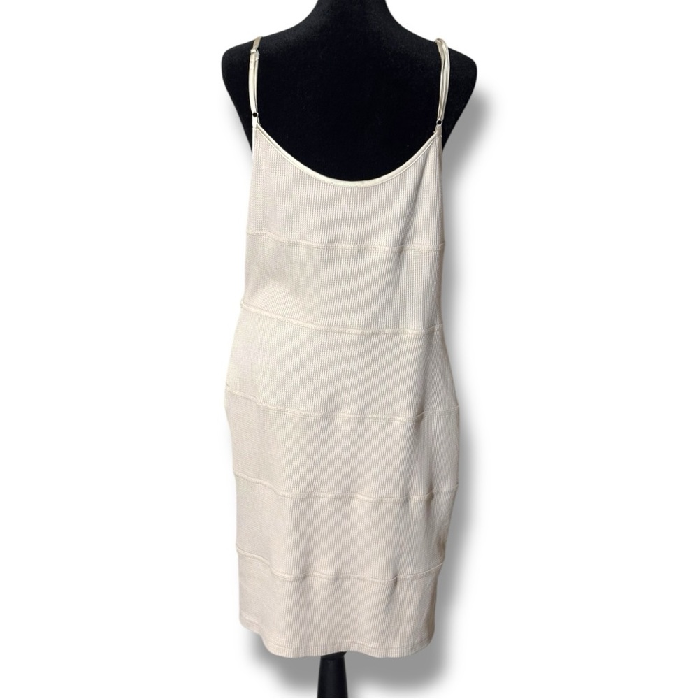 Current Air Cream Waffle Knit Side Slit Thin Strap Sleeveless Mini Dress - Picture 5 of 14